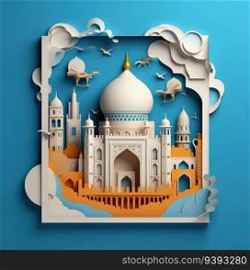 Mosque in Paper Minimalistic 3D Craft Illustration for Islamic Art. Ramadan Kareem 3d abstract paper cut illustration. For print, web design, UI, poster and other.