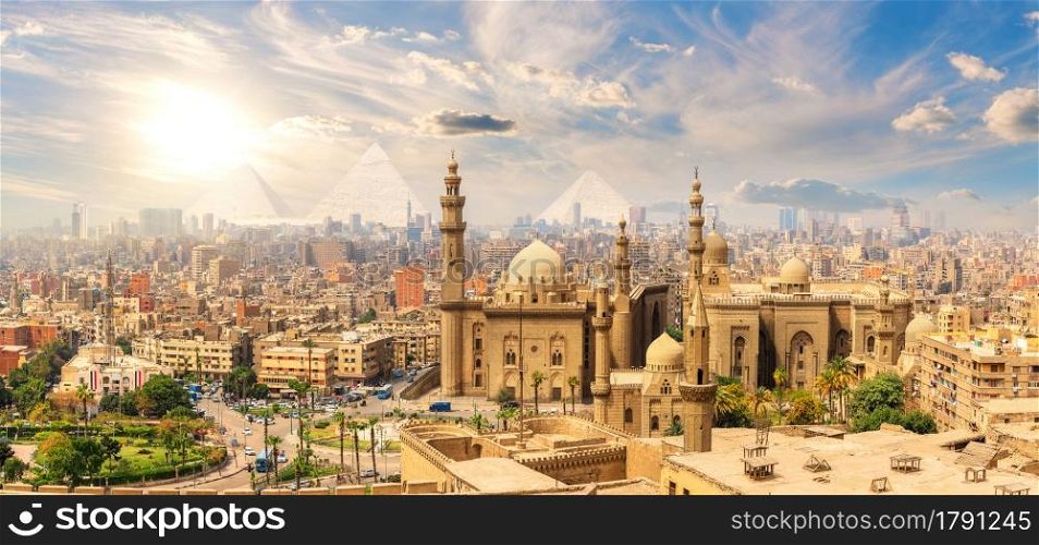 Mosque-Madrasa of Sultan Hassan, beautiful panorama of Cairo landmarks, Egypt.