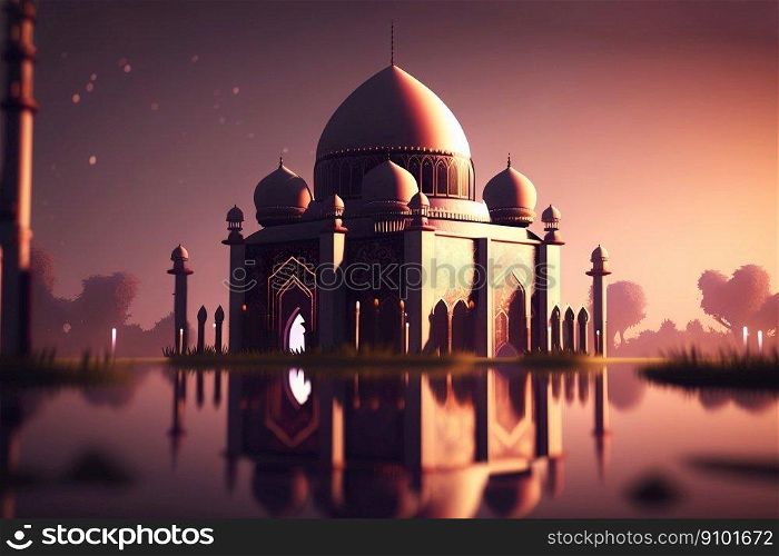 Mosque near the lake at night with glowing lights. Eastern architecture concept. Ramadan Kareem. Generative AI.. Mosque near the lake at night with glowing lights. Eastern architecture concept. Ramadan Kareem. Generative AI