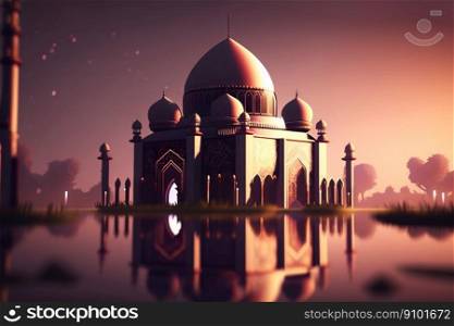 Mosque near the lake at night with glowing lights. Eastern architecture concept. Ramadan Kareem. Generative AI.. Mosque near the lake at night with glowing lights. Eastern architecture concept. Ramadan Kareem. Generative AI