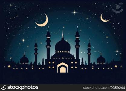 Mosque silhouette in night sky with crescent moon and stars, ramadan. Generative AI