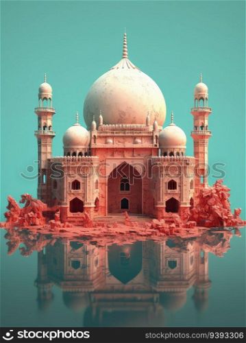 Mosque Silhouette Minimalistic 3D Paper Cut Craft Illustration. Ramadan Kareem 3d abstract paper cut illustration. For print, web design, UI, poster and other.