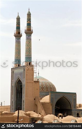 Mosque with two minarets in Yazd, Iran