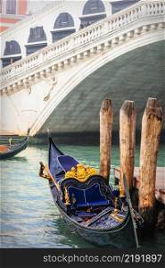 Most beautiful and romantic town Venice, Italy. Gondola boat and Rialto bridge