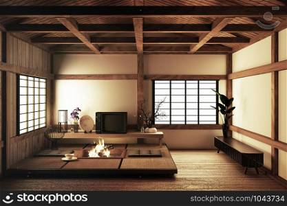 Most beautiful design interior design,modern living room with Tv,armchair,tatami floor and white wall in room japanese style. 3d rendering