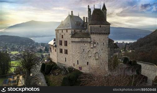 Most beautiful medieval castles of France - fairytale Menthon located near lake Annecy. aerial view