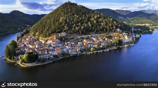 Most beautiful scenic Italian lakes - small picturesque lake Piediluco with colorful houses in Umbria, Terni province. Aerial panoramic view