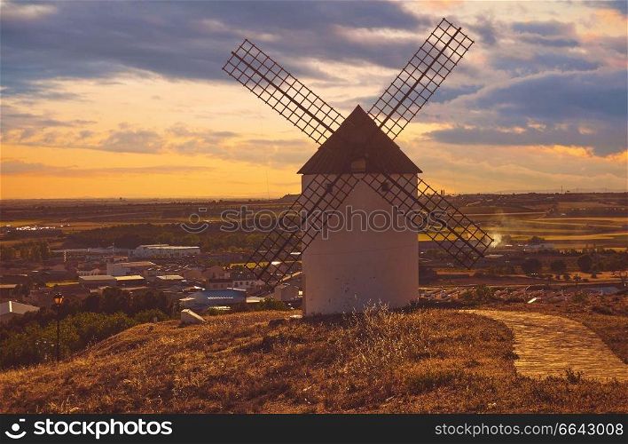 Mota del Cuervo windmills in Cuenca at Castile la Mancha of spain