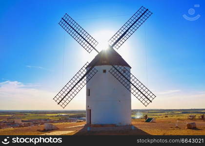 Mota del Cuervo windmills in Cuenca at Castile la Mancha of spain