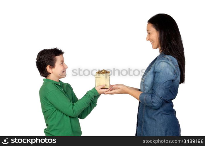 Mother&acute;s Day. Child giving a gift to his mother isolated on white background