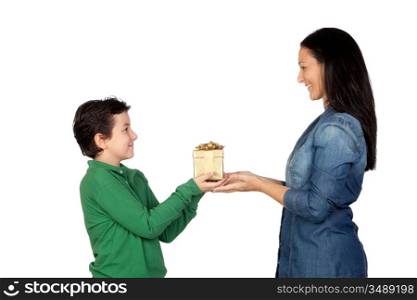 Mother&acute;s Day. Child giving a gift to his mother isolated on white background