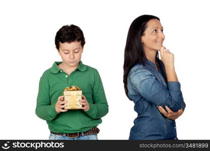 Mother&acute;s Day. Child with a present to his pensive mother isolated on white background