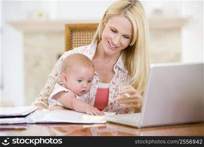 Mother and baby in dining room with laptop smiling