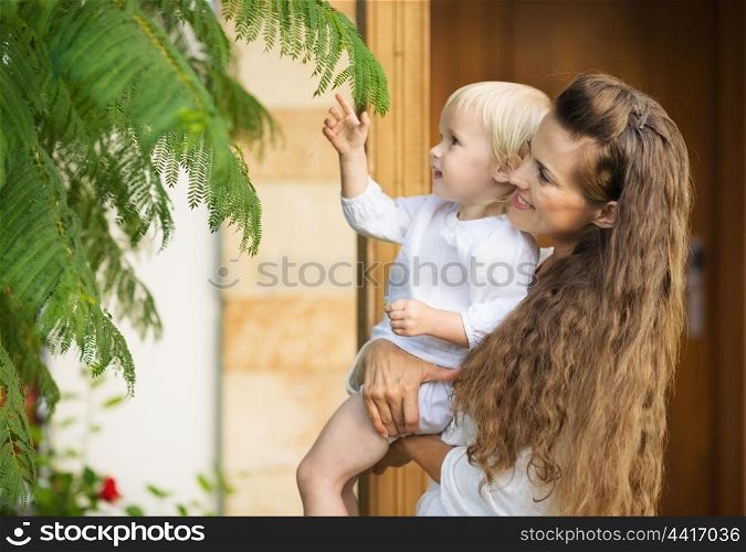 Mother and baby studying plants outdoors