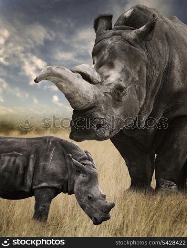 Mother And Baby White Rhino Grazing
