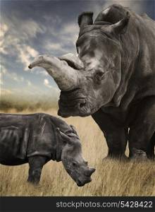Mother And Baby White Rhino Grazing