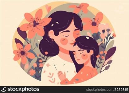 Mother and child’s bond amidst a sea of colorful flowers, making it an ideal choice for Mother’s Day, symbolizing the beauty and tenderness of maternal love. AI Generative 