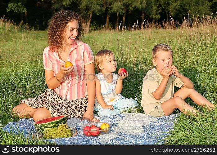 mother and children eat fruits sitting on the grass