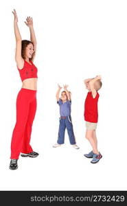Mother and children training hands up