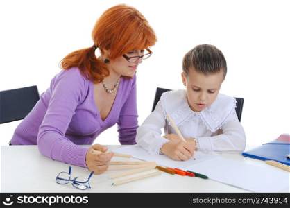 Mother and daughter are doing homework. Isolated on white