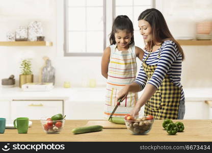 Mother and daughter chopping vegetables in kitchen