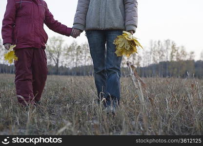 Mother and daughter holding hands in field