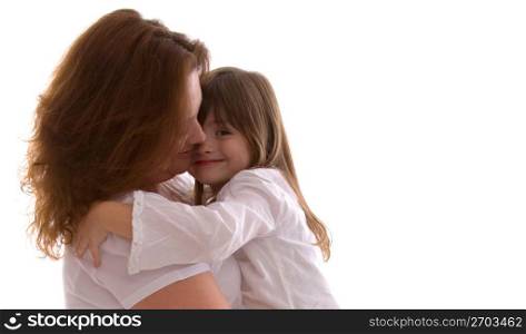 Mother and daughter hugging and smiling, portrait (B&W)