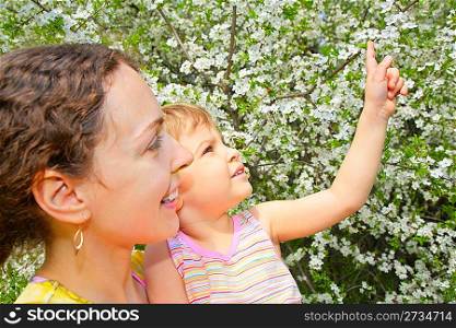 mother and daughter look on blossom cherry
