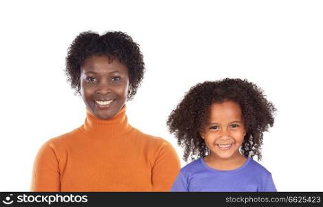 Mother and daughter looking at camera with a beautiful smile isolated on white background