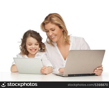 mother and daughter with laptop and tablet pc