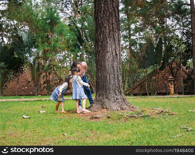 Mother and daughters exploring nature on a big tree in the morning. Happy family playing outdoors. Family spent time together.