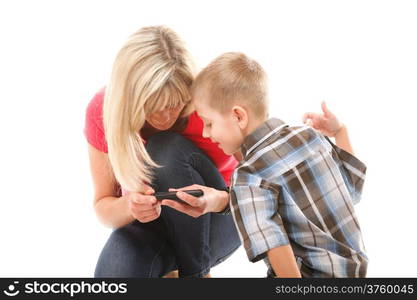 Mother and son playing video game on smartphone isolated on white background