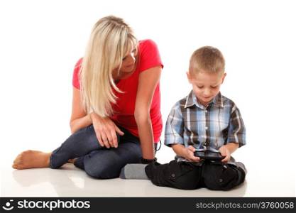 Mother and son playing video game on smartphone isolated on white background