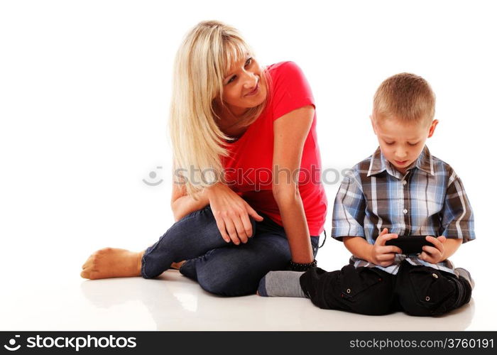 Mother and son playing video game on smartphone isolated on white background