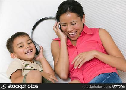 Mother and Son Sharing Headphones