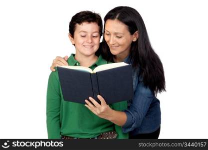 Mother and son with a book isolated on white background