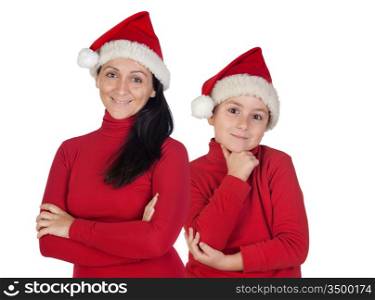 Mother and son with Christmas cap isolated on a over white background