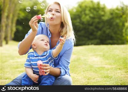 Mother Blowing Bubbles For Young Boy In Garden