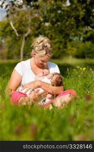 Mother breastfeeding her baby on a great sunny day in a meadow with lots of green grass and wild flowers
