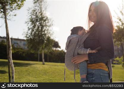 Mother carrying toddler. Young mother on a park carrying little toddler