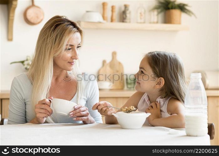 mother daughter eating breakfast together
