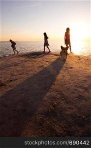 mother, daughters and dog walking on the beach at sunset. Ukrainian landscape at the Sea of Azov, Ukraine
