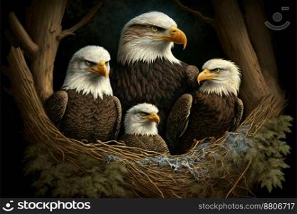 Mother Eagle and baby in pine tree nest in the wild