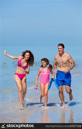 Mother, Father & Dahughter Child Family Running on Beach