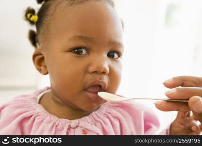 Mother feeding baby food to baby