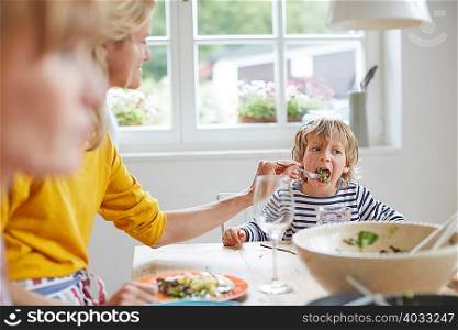Mother feeding son at dining table