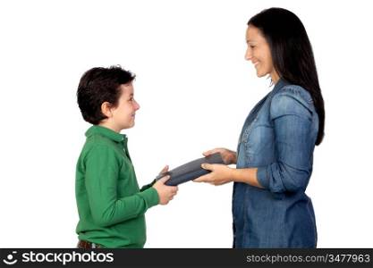 Mother handing a book to his son isolated on white background