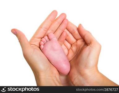 Mother hands holding baby nude foot on white background macro detail