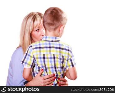 Mother hold son close hug.. Relationship and family. Being close to parents mother hold son hug embrace little boy.