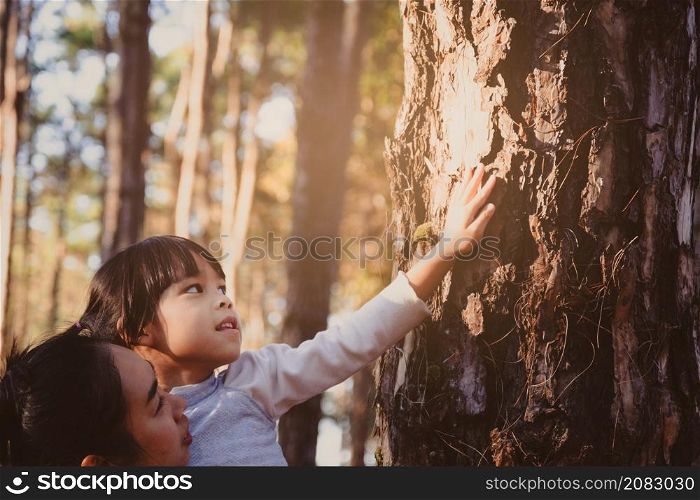 Mother holding her little daughter to touching on a big tree in forest with love. Protection and love nature concepts.